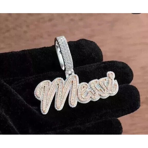 3Ct Round Cut Real Moissanite Men's Custom Name Pendant 14K White Gold Plated 925 Silver