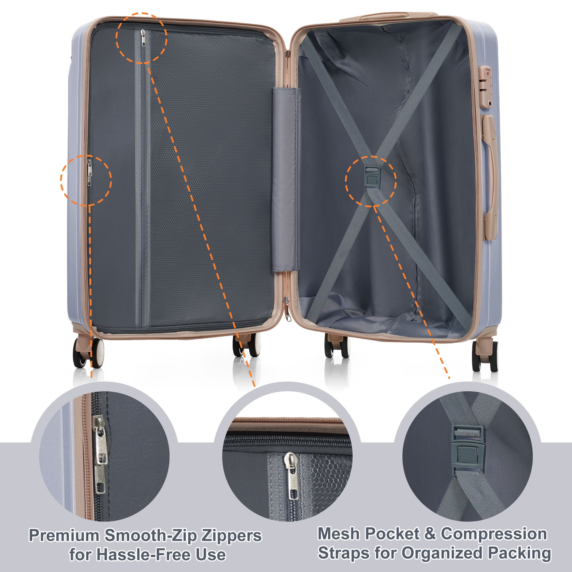 Euroco 3 Piece Luggage Sets, Lightweight Durable Hardshell Suitcase set with 360° Spinner Wheels,TSA Lock & Side Hooks,Large Checked Travel Suitcase for Family,Light Blue