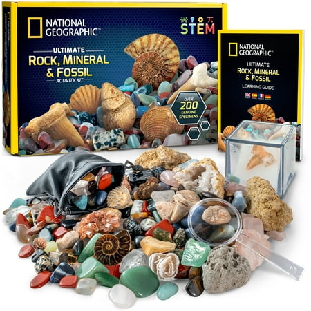 National Geographic 200 Piece Rock and Fossil Kit - Includes Prehistoric Fossils  Crystals  and Gemstones