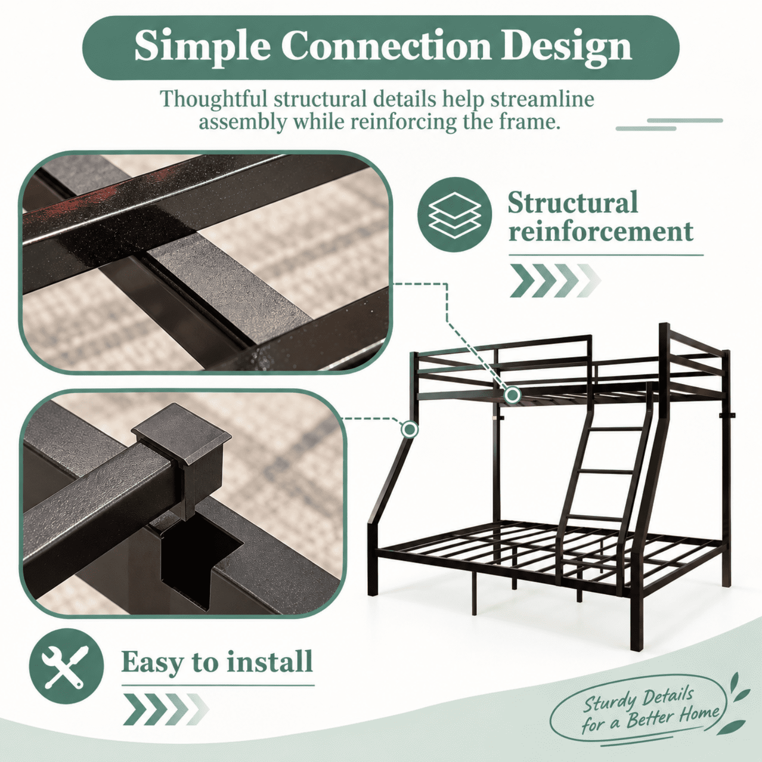Miniyam Twin Over Full Metal Bunk Bed with Guardrails and Angled Ladder, Black