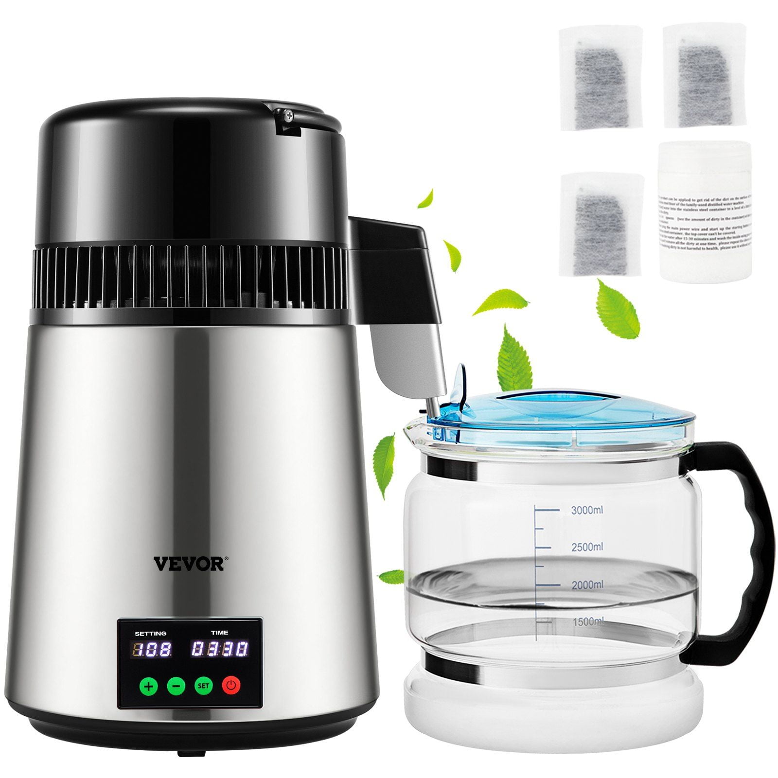 1.1 Gal Stainless Steel Water Distiller, 750W Fast Distilling (0.3 Gal/H), Adjustable Timer & Temp Display, Includes Glass Carafe & Cleaning Accessories