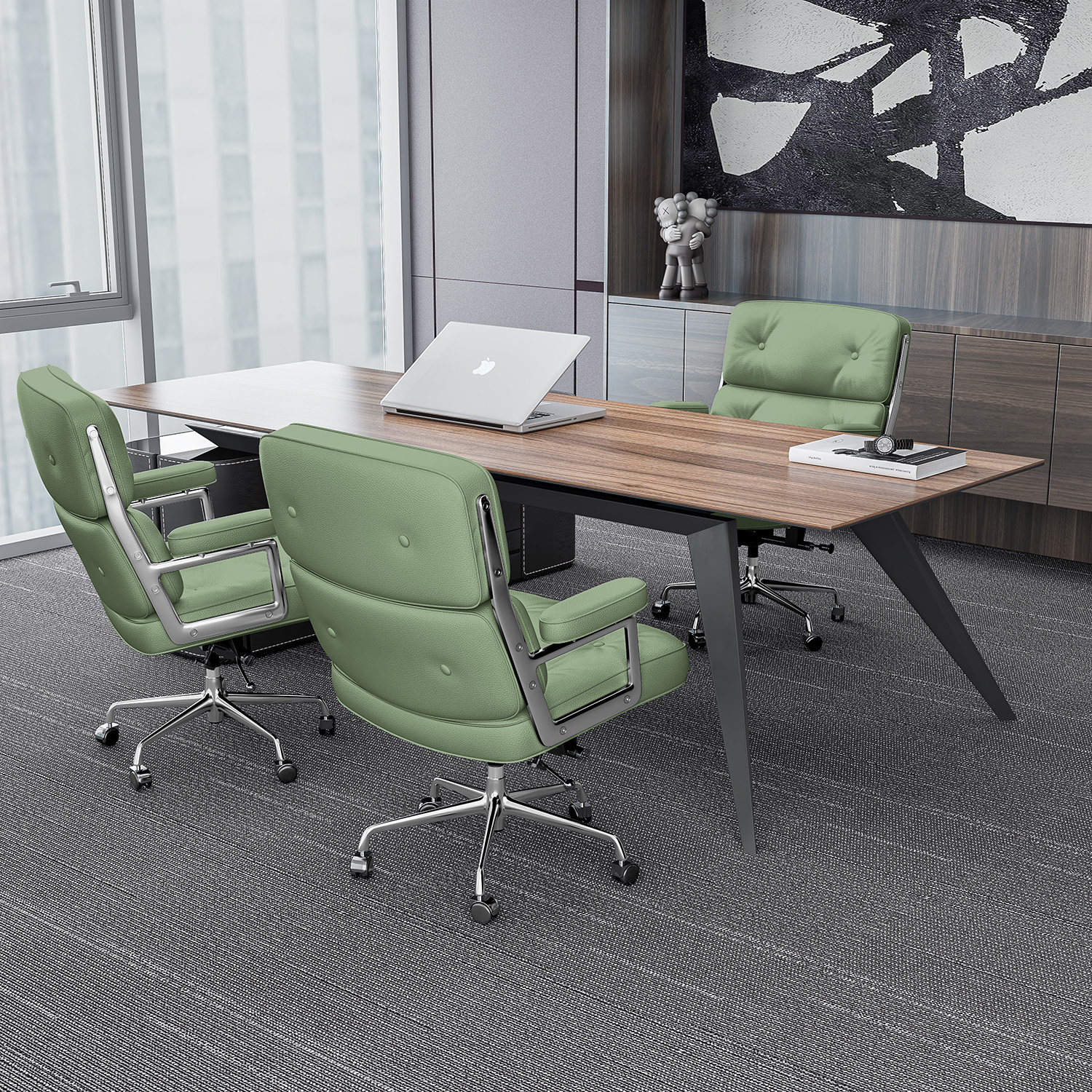 Cottinch Mid Back Genuine Leather Office Chair, Executive Desk Chairs with Aluminum Arms & Thickened Backrest, Ergonomic Office Chair Swivel Office Leather Chair with Lumbar Support, Green