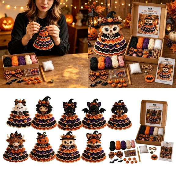 Halloween Crochet Kit for Beginners, DIY Animal Tabletop Ornament Crocheting Set with Yarn, Hook and Step‑by‑Step Instruction, Fall Halloween Craft Kit for Adults, Home Table Decor & Holiday Gift
