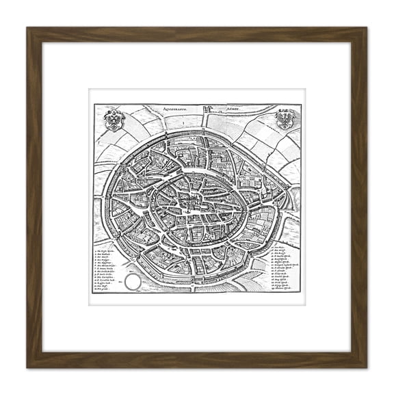 Map Antique Merian 1647 Aachen City Plan Old Replica 8X8 Inch Square Wooden Framed Wall Art Print Picture with Mount