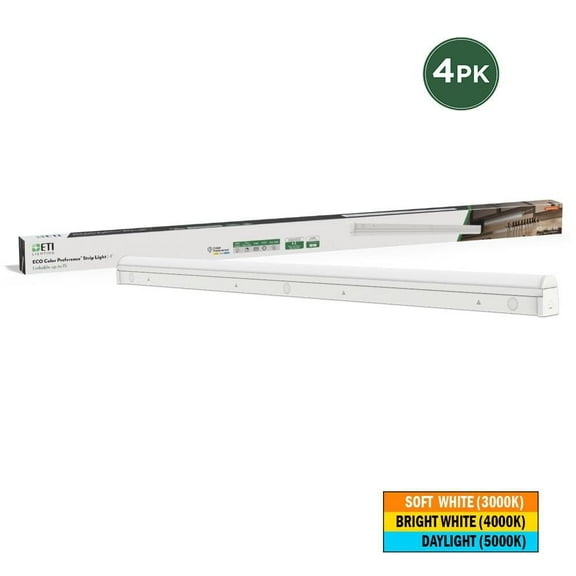 4-Pack 4 ft. 17-Watt Linkable Integrated LED White Strip Light Fixture 3000K 4000K 5000K 2000 Lumens Plug-In Hardwire