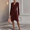 thumbnail image 2 of CharmCyan Women's Solid Color Bodycon Skirt Long-sleeved V-neck Pleated Design Sense Dress Wine L, 2 of 4