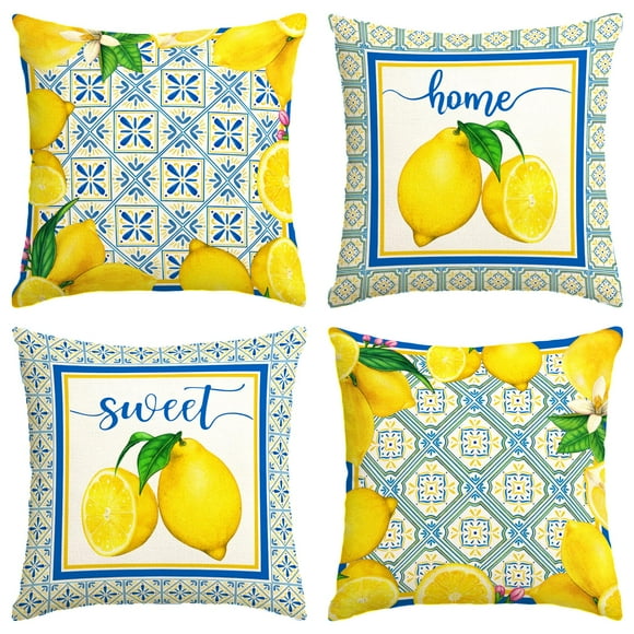 Summer lemon pillow covers spring Italian Lemons throw pillow case Italy Blue Tiles lemon Decor Cyan-Blue Tile Burlap Artificial Lemon Fruit Farmhouse lemon decorations for home party