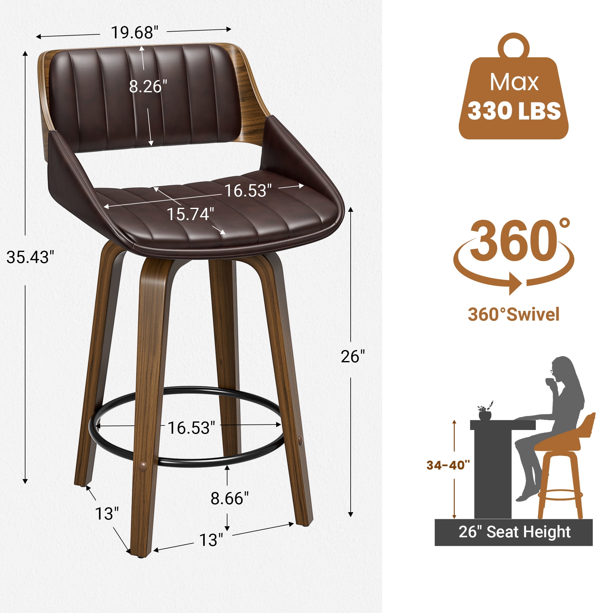 LainTene 26" Swivel Counter Height Bar Stool with Walnut Bentwood Frame, Faux Leather Seat & Footrest, Mid-Century Modern Chair for Kitchen Island, Bar, or Café (Set of 2)
