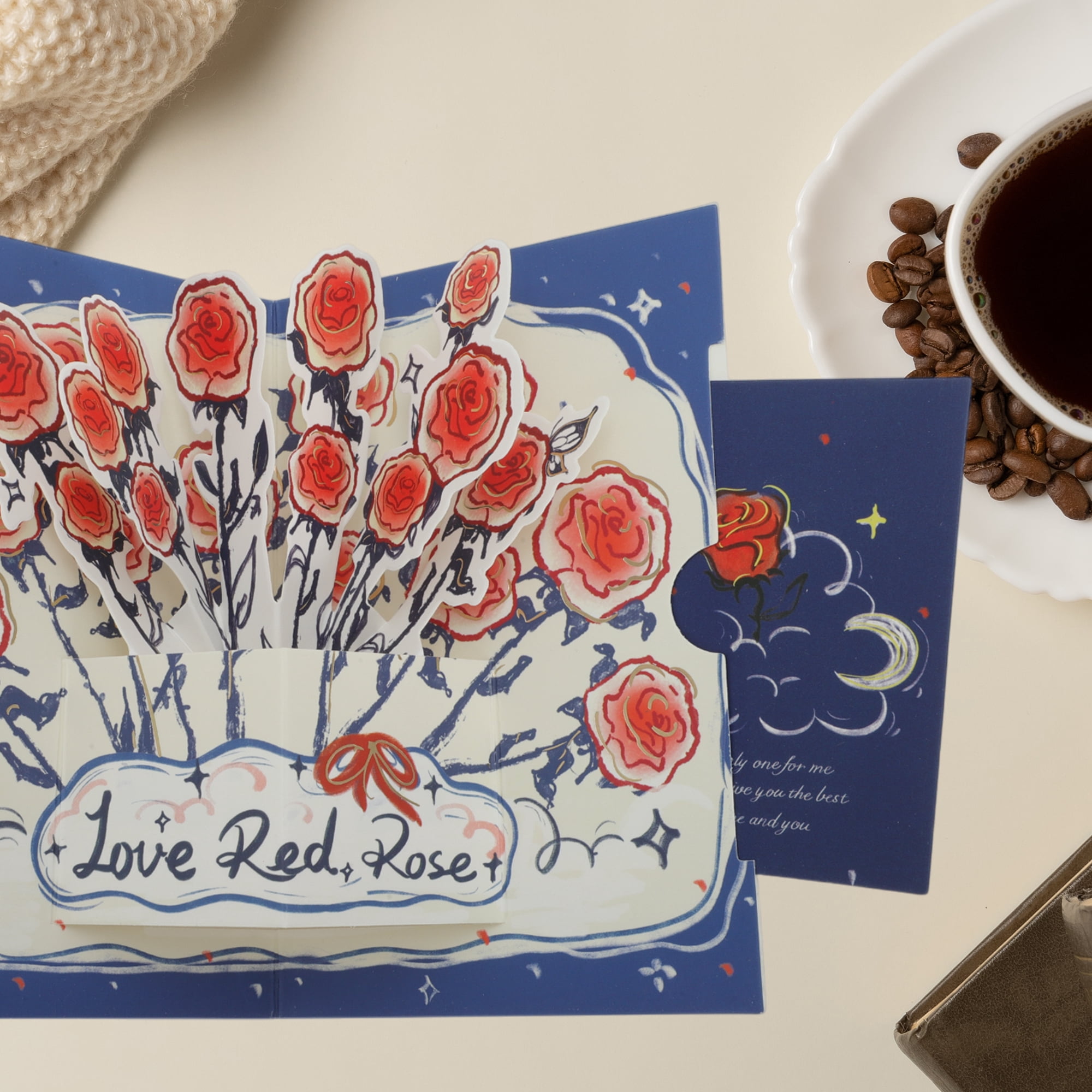Unique Bargains Floral Pops Up Card 3D Greeting Cards with Envelope Blue Rose Bouquet