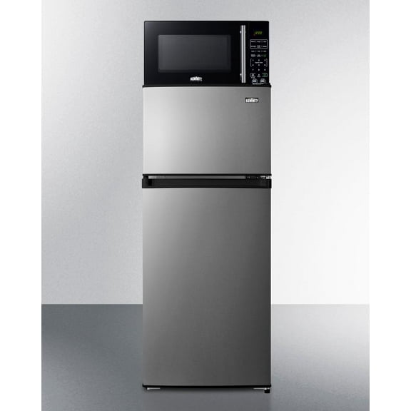 Mid-sized refrigerator-freezer in a stainless steel steel look and black microwave with built-in allocator, with brackets included (ships in 3 boxes on one pallet)