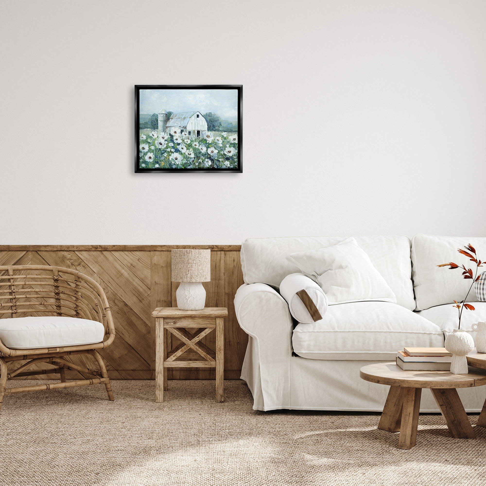 Stupell Industries Rural Anemone Flower Meadow White Farmland Barn Painting Jet Black Floating Framed Canvas Print Wall Art, Design by Sally Swatland