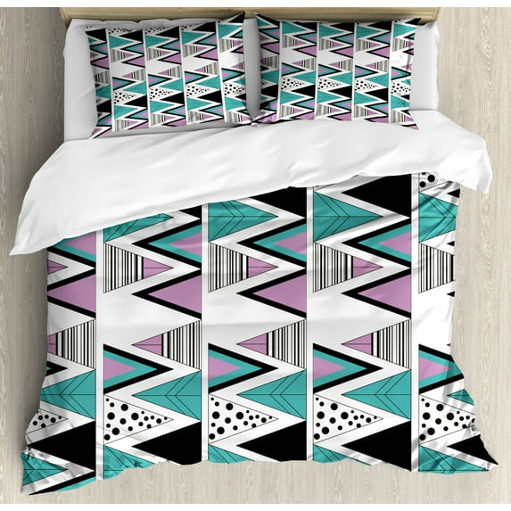 Geometric Duvet Cover Set Queen Size, 80s Memphis Zigzag Triangles Dotted and Striped Design, Decorative 3 Piece Bedding Set with 2 Pillow Shams, Lavender Cadet Blue Black and White, by Ambesonne