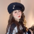 thumbnail image 2 of WREESH Women's Fall Winter Knitted Beret Thickened Warm Hat, Versatile Knitted Hat Show Face Small Artist Hat Black, 2 of 5