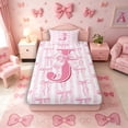 thumbnail image 4 of Meiyoeat Sweet Bow Letter J Twin Sheet Sets 3pcs for Girls Youth, Lovely Stripe Bedding, Light Pink White, 4 of 6