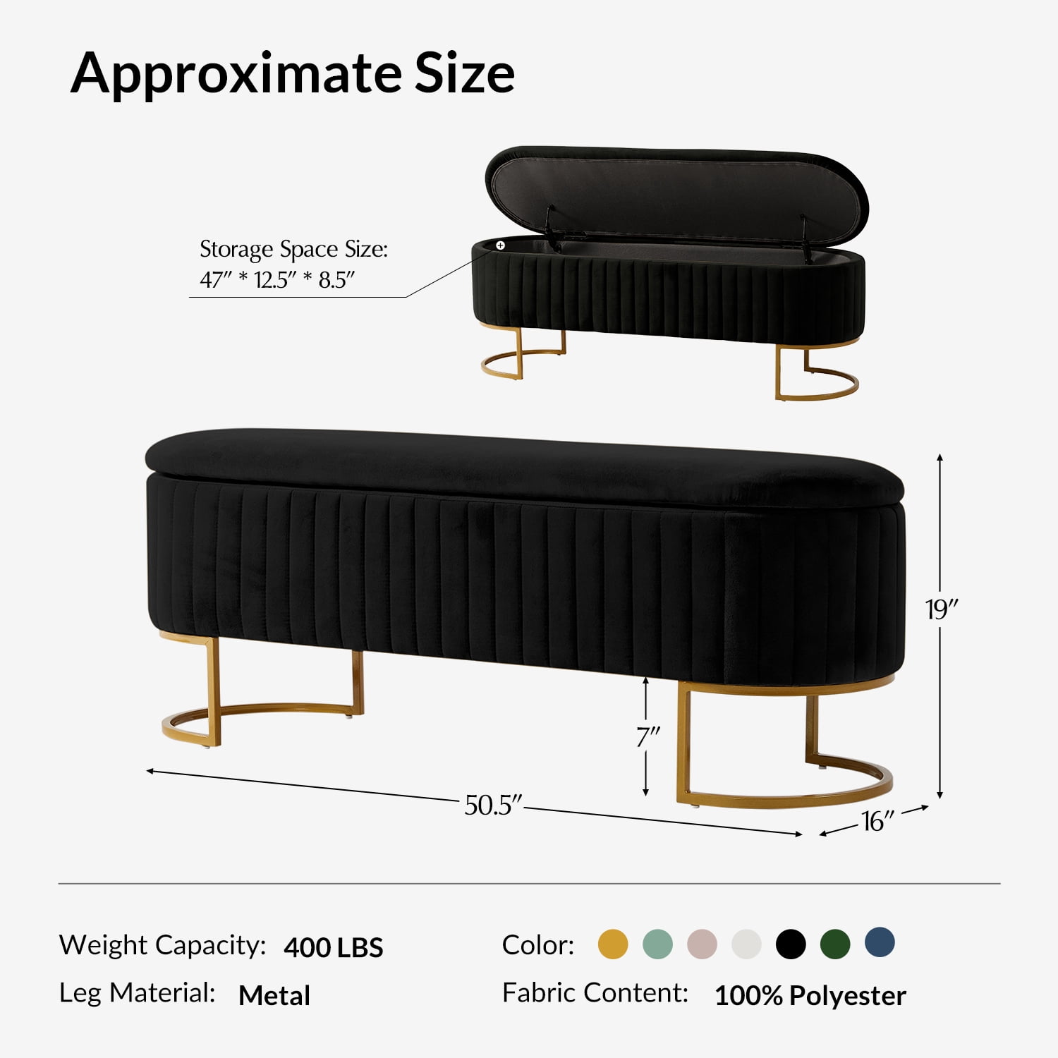 50.5" Upholstered Storage Bench For End of Bed Entryway Bedroom Ottoman Black