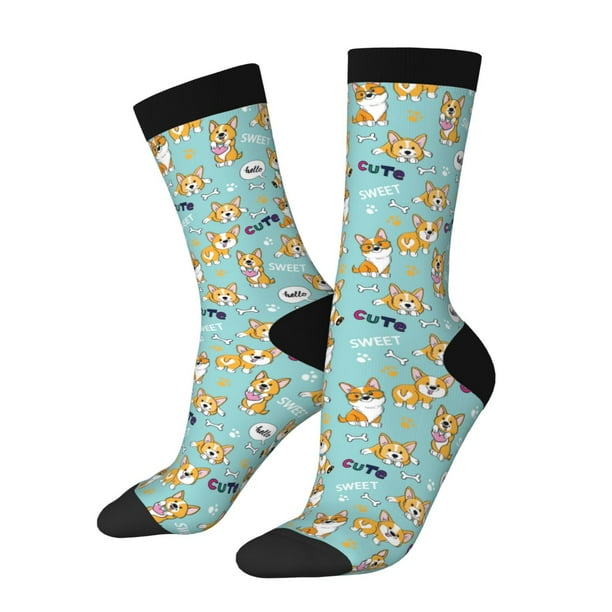 Fotbe Cute Dogs Corgi Calcetas Largas con Estampado para Hombre y Mujer – Calcetas de Compresión Transpirables y Elásticas, Viajar y Uso Diario Talla 5-11