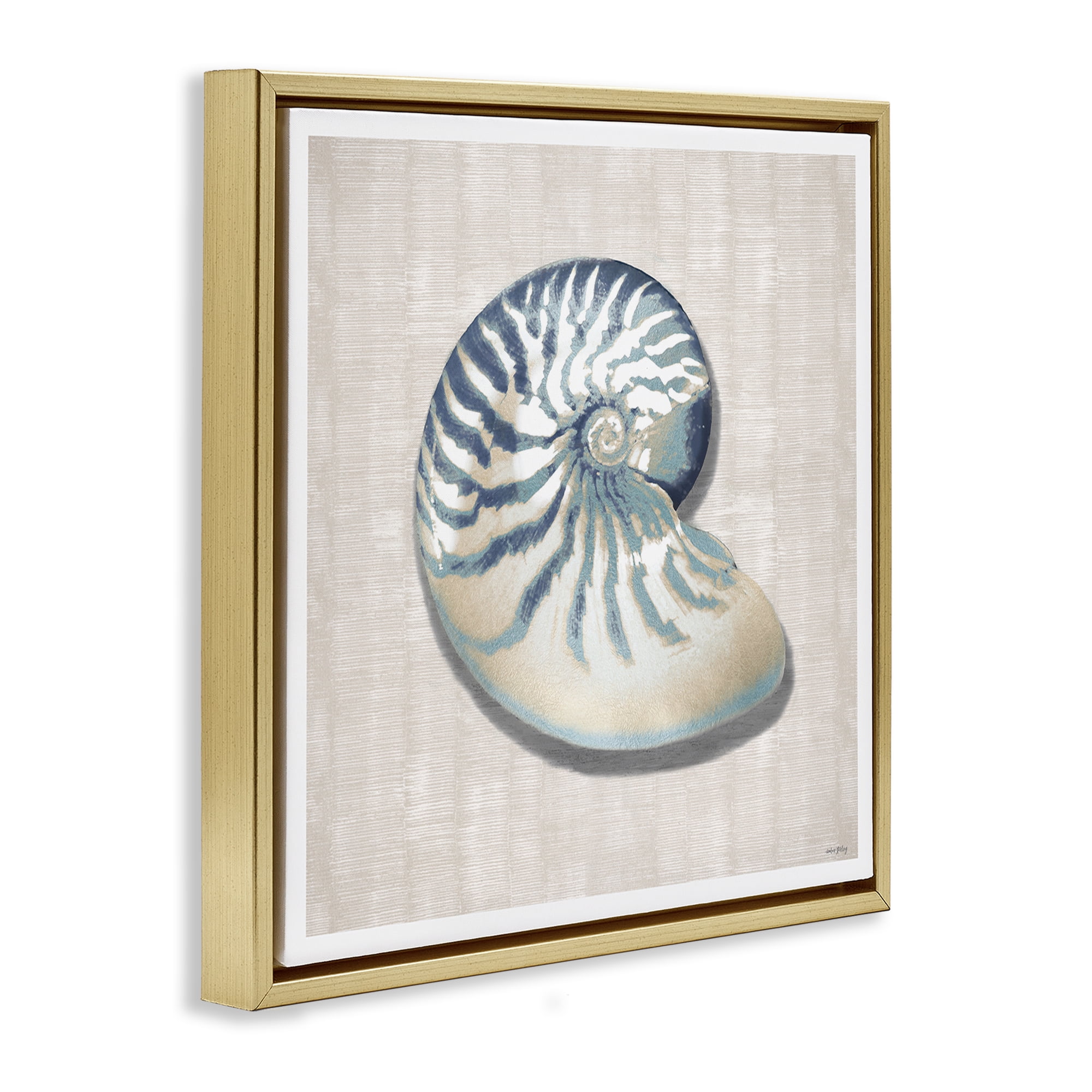 Stupell Industries Nautilus Shell in Misty Blue Gold Framed Floater Canvas Wall Art, design by Amber Sterling