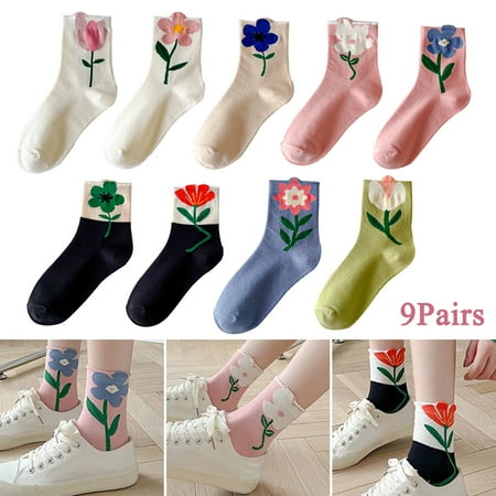 

9Pair Women Socks Cartoon Tulip Flower Candy Color Socks Breathable Casual