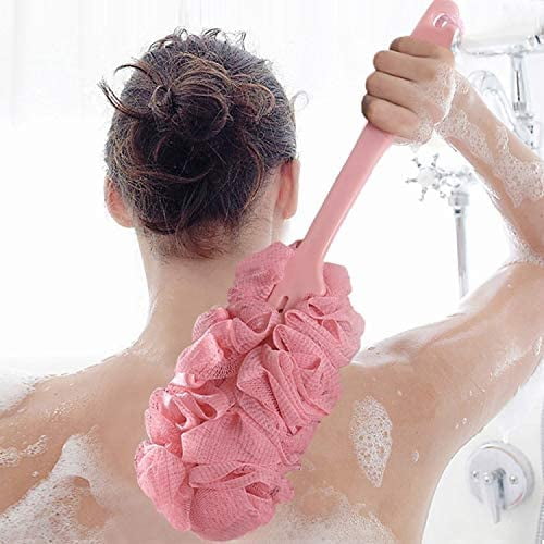 Unique Bargains Body Bath Brush Back Scrubber Loofah Shower with Long Handle for Skin Exfoliating PP Mesh Pink 1 Pcs