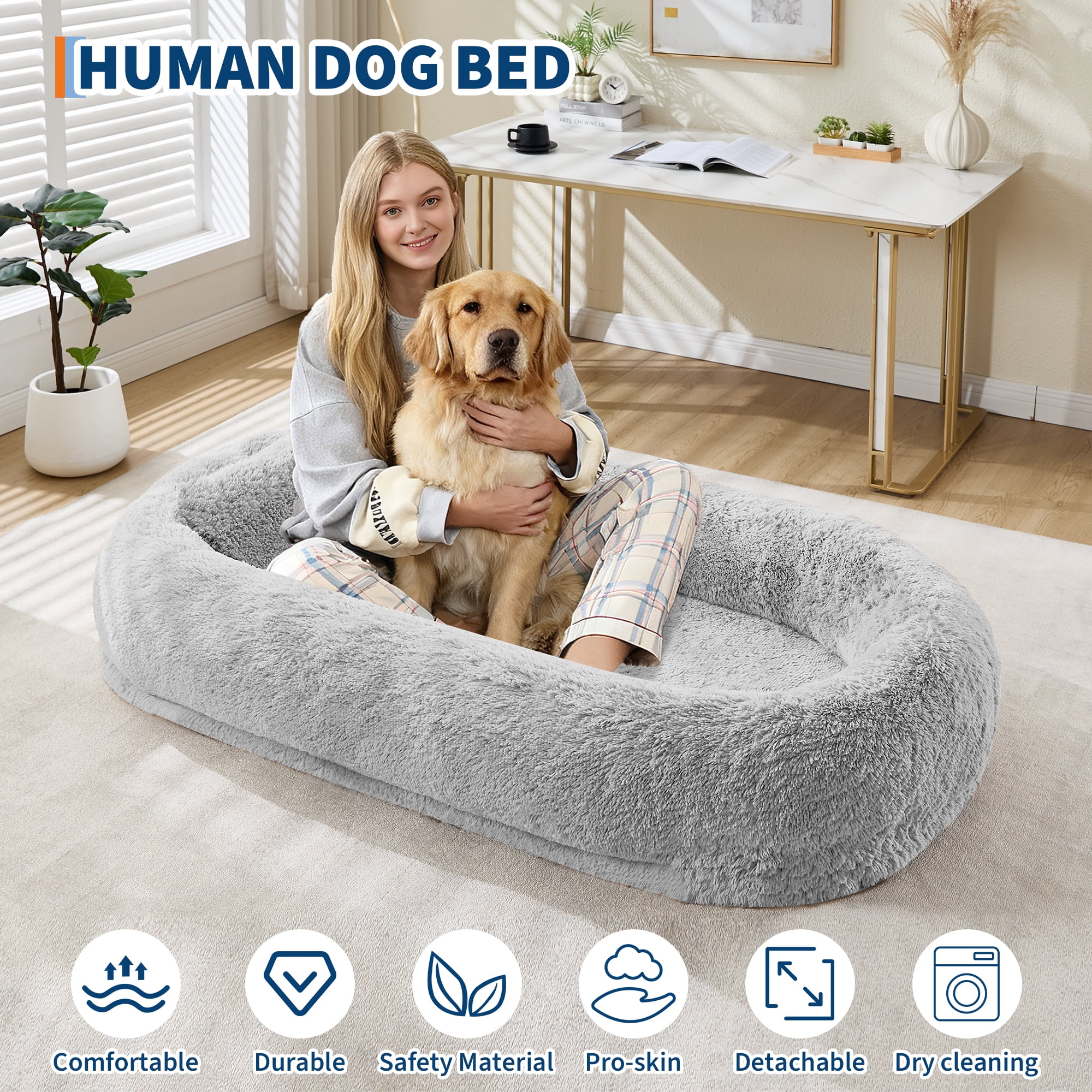 Huisuilinss 67" Human Dog Bed For Adult & Pets,Removable Faux Fur Dog Bed With Pillow,Side Pockets,Egg-Shaped Orthopedic Foam,Human Sized Dog Bed For Living Rooms Bedrooms Offices