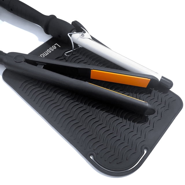 Alfombrilla grande resistente al calor para rizadores, planchas de pelo, planchas y otros utensilios de peinado (28 x 19 cm), color negro
