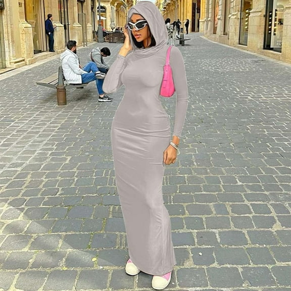 Women's Autumn Casual Solid Color Slim Fit Hooded Bodycon Split Maxi Dress Ladies Dresses Casual Sleeveless Knit Dresses for Women Floral Maxi Dresses Sleeveless Straight Dresses Denim Tunic Dress for