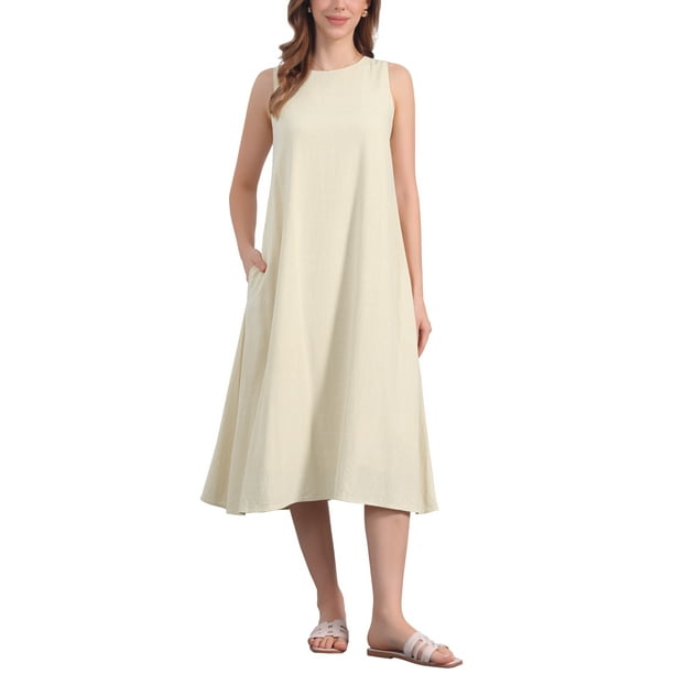 Vestidos de lino para mujer INSPIRE CHIC, con cuello redondo, corte holgado, sin mangas, vestidos de verano casuales con bolsillos, talla M, color albaricoque