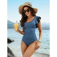thumbnail image 6 of Charmo Women's Ruffled Shoulder One Piece Swimsuit Tummy Control Monkini Swimwear Color Blocked Bath Suit, 6 of 8