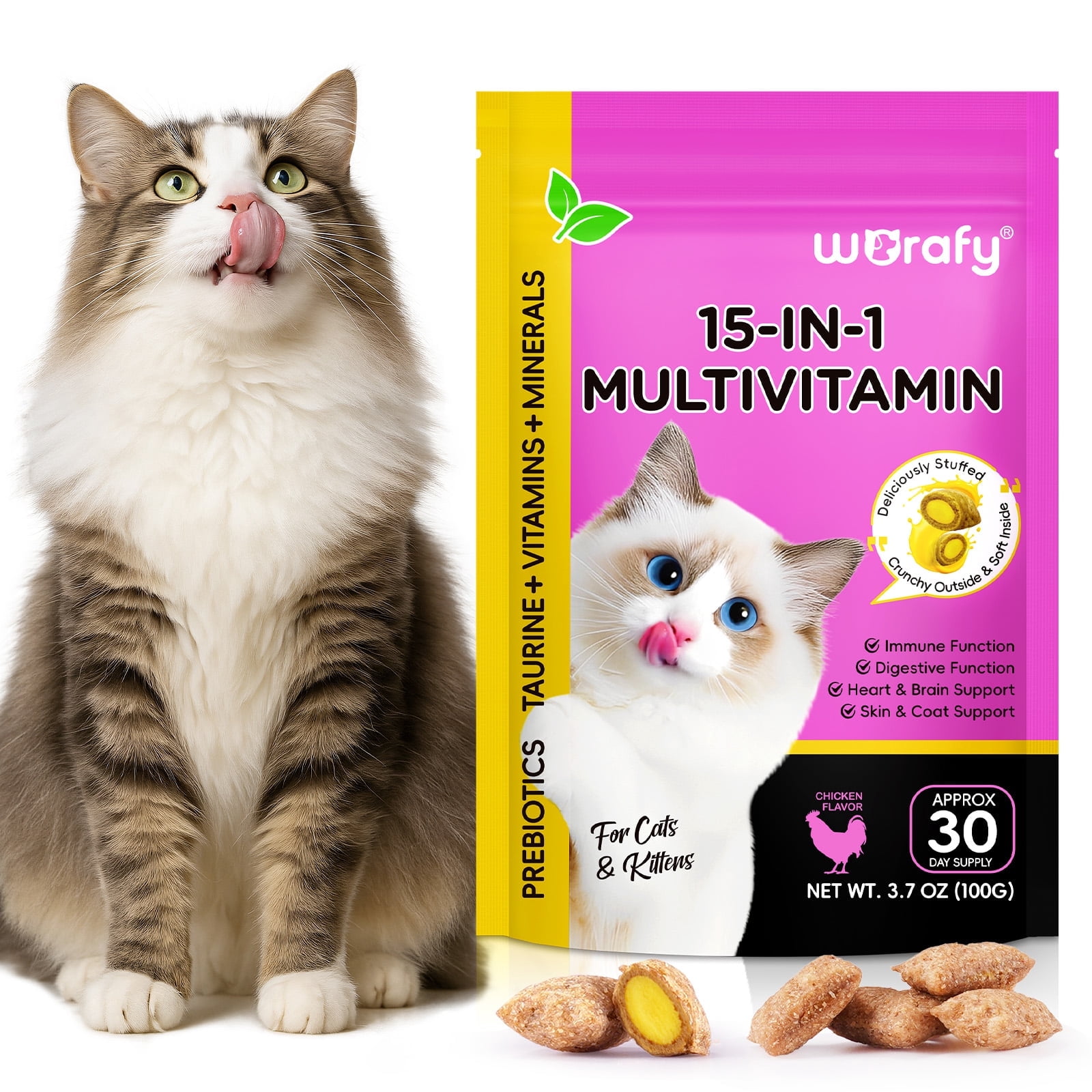 Worafy 15-In-1 Cat Multivitamin Treats with Omega 3 Fish Oil Support for Immune System, Digestive Health, Skin & Coat Care, Energy Boost Chicken Flavor 3.7 oz