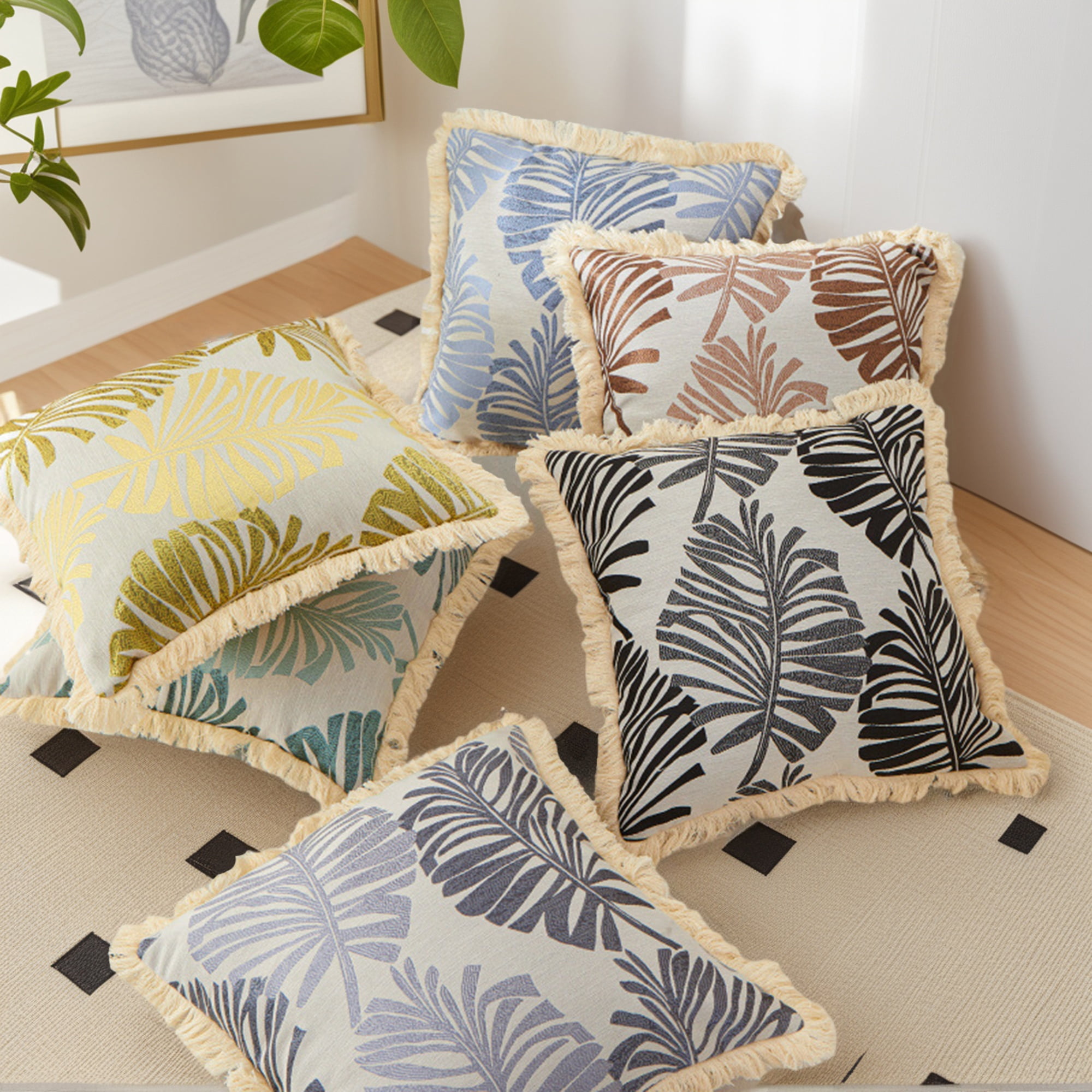 Unique Bargains Set of 2 Boho Palm Leaf Jacquard Throw Pillow with Tassel Edge Green
