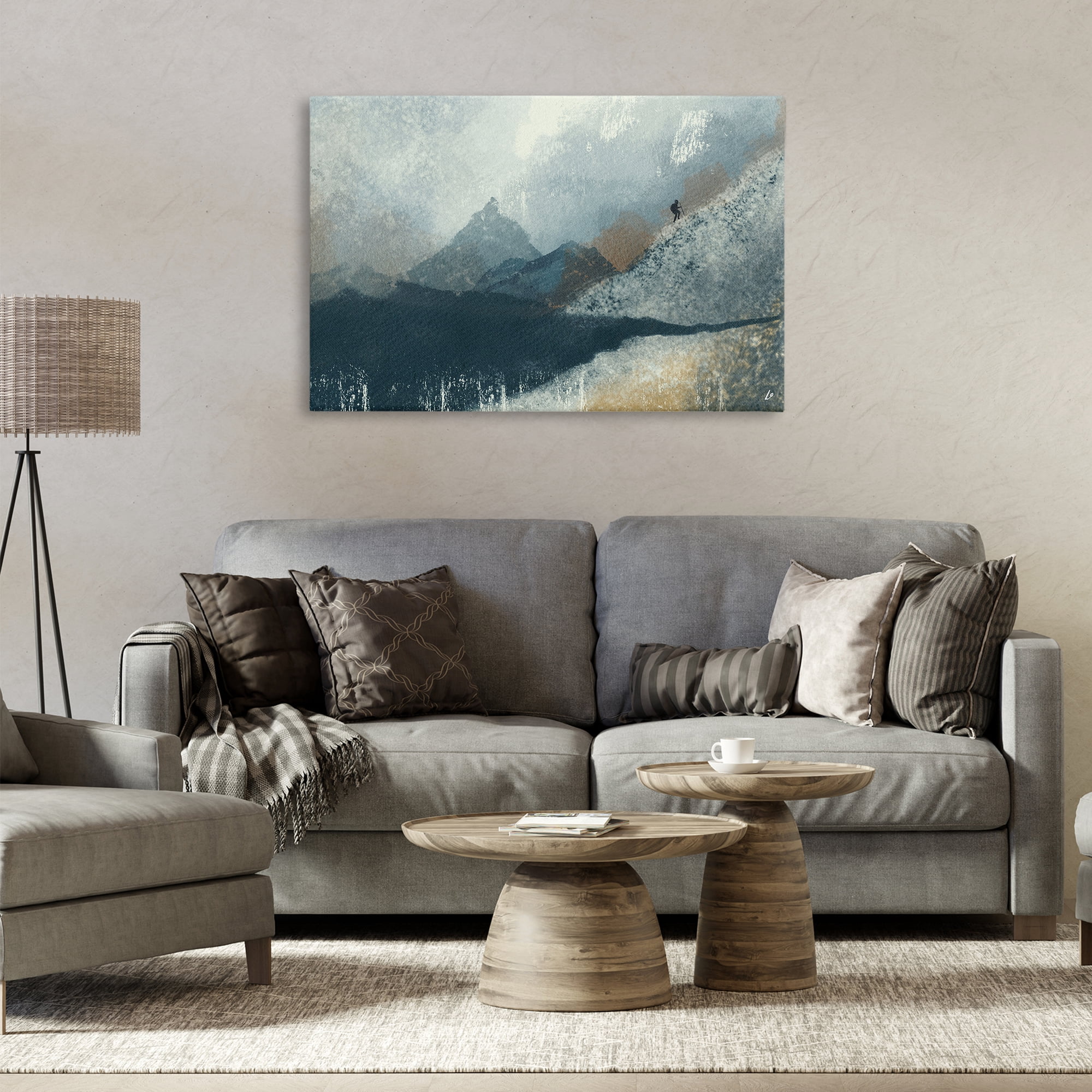 Stupell Industries Intrepid Traveler in Mountains Abstract Painting Wrapped Canvas Art Print Wall Art, 36 x 24