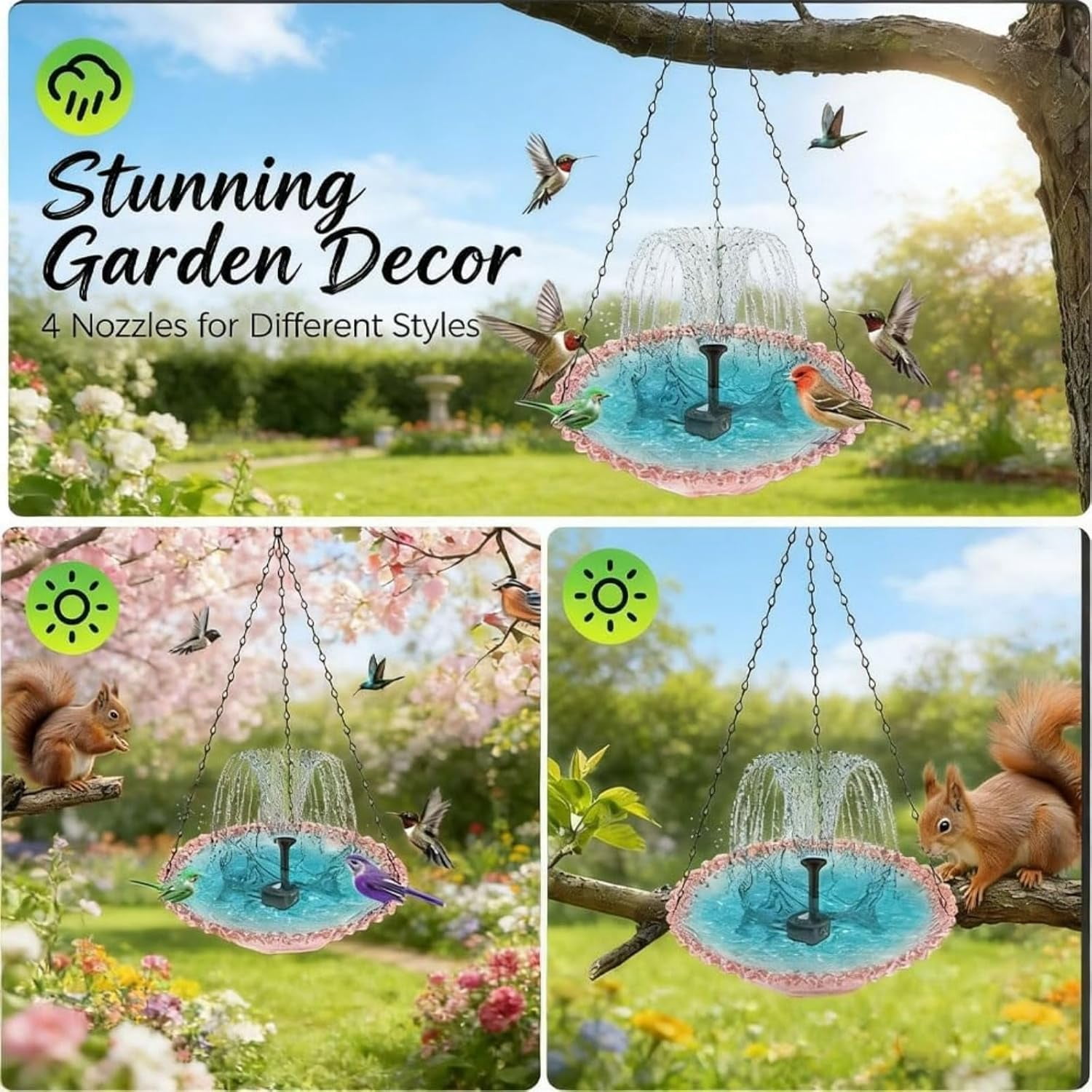 Esterze Solar Cascade Hanging Bird Bath Fountain, with Solar Powered Pump and Glass Bowl, for Garden, Patio, Lawn, Attracting Wild Birds & Hummingbirds