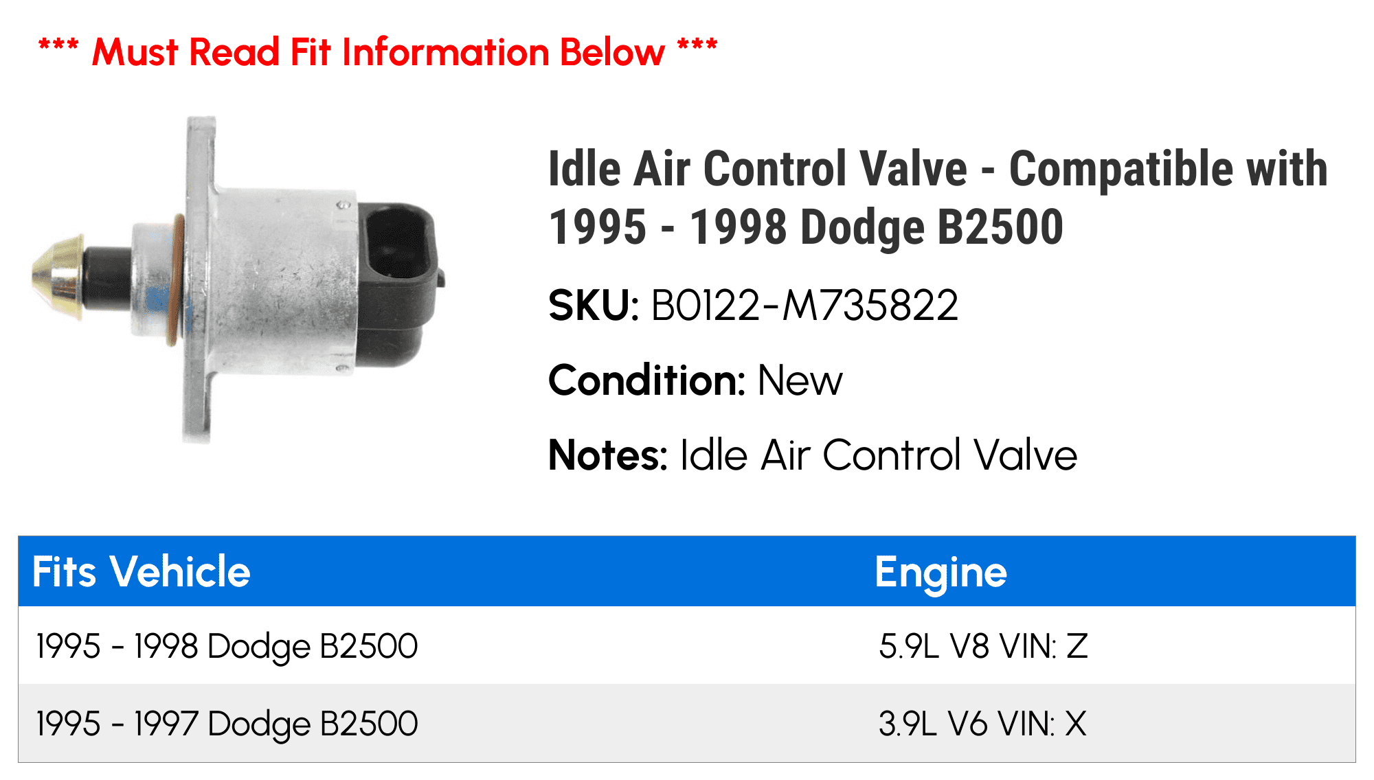 Idle Air Control Valve - Compatible with 1995 - 1998 Dodge B2500 1996 1997