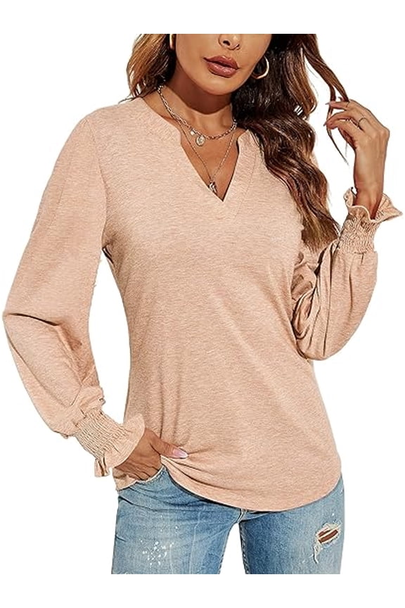 Womens Tops Long Sleeve Shirts Fall Casual V-neck T-Shirts Loose Puff Long Sleeve Tops Tunic Flowy Blouses Dressy Lightweight Pullover Sweatshirts