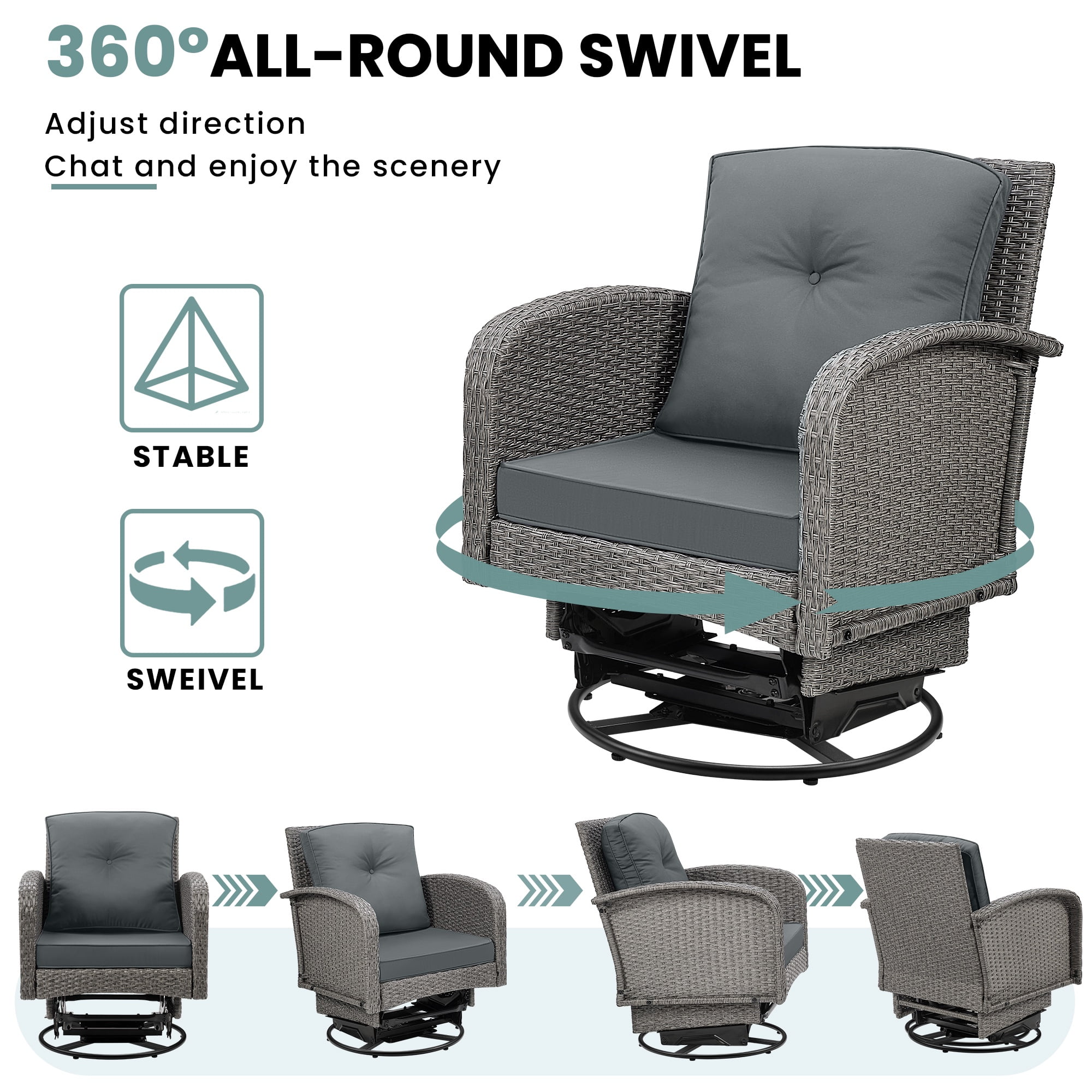 3pcs Patio Furniture Set on Sale, Rattan Outdoor Conversation Set of 2, Patio Bistro Set w/ 360° Swivel Rocking Chairs & Table, Gray Thickened Cushions