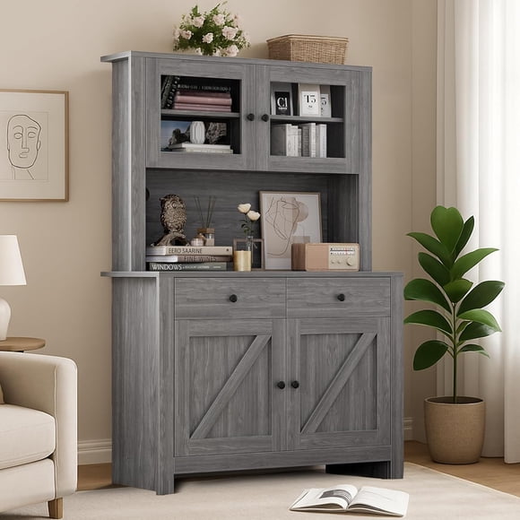 Eastvita 63-Inch Tall Freestanding Grey Kitchen Pantry Cabinet with Drawers/Hutch/Glass Doors//Adjustable Shelves for Microwave Storage