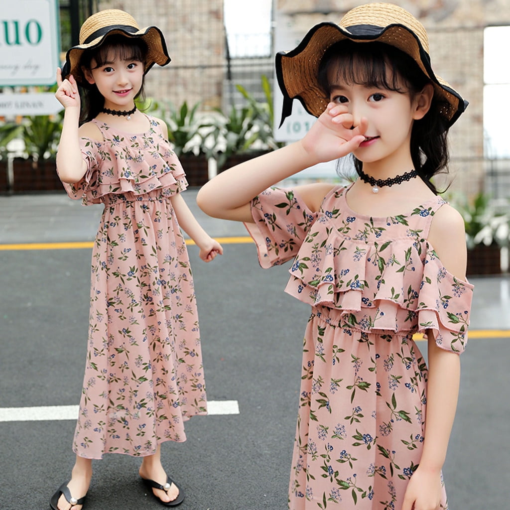 XZNGL Floral Dress for Girls Kids Teen Children Girls Ruffles Floral Off Shoulder Beach Dress Casual Clothes Off the Shoulder Dress Baby Girls Clothes Off Shoulder Dress Kids Clothes Girls Walmart