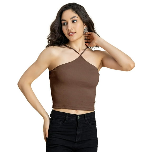 Moomaya Basic Crop Top For Women, Halter Neck Knitted Casual Top
