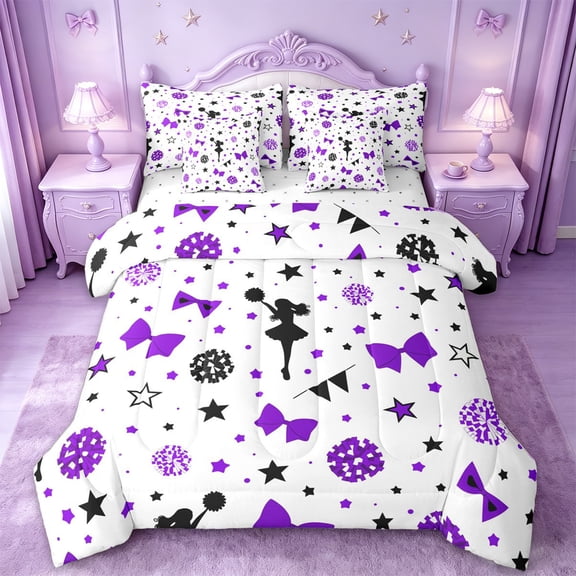 Manfei Purple Cheerleader 7-Piece Twin Bedding Sets For Kids,Cute Stars Bow Print Bedding Comforter Set For Girls,Reversible