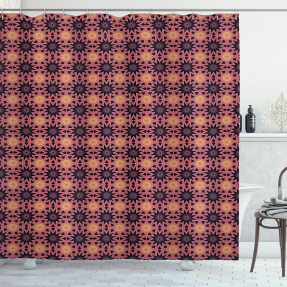 Antique Oriental Shower Curtain, Sun Inspired Circular Motif Illustration, Fabric Bathroom Set with Hooks, 69W X 84L Inches Extra Long, Pale Ruby Sand Brown and Dark Night Blue, by Ambesonne