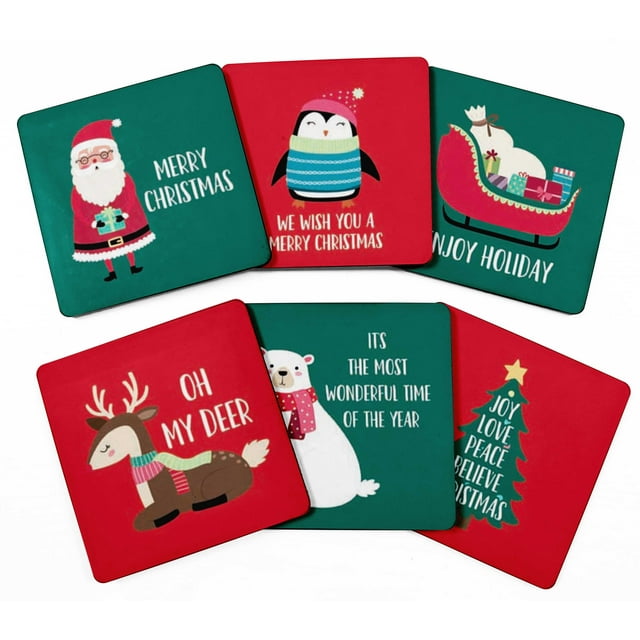 Inkdotpot Set of 6 Drink Coasters DecorativeNon-SlipCork Base4-inch Square PrintedCoastersEasy Clean, Christmas