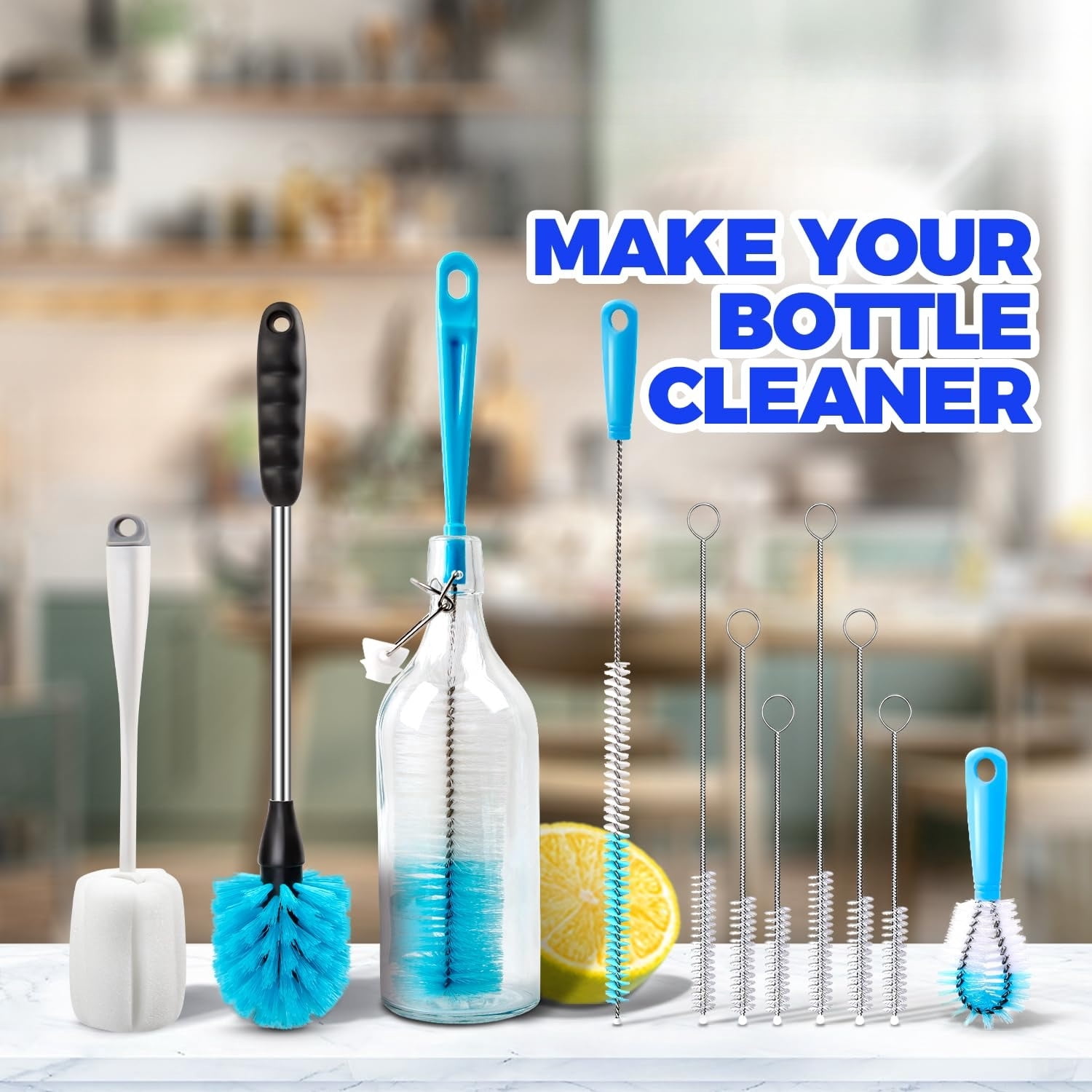 Bottle Brush Tube Cleaning Lab Set with Long Handle, Cup Cleaner for Washing Narrow Neck Beer Wine Decanter Pipes Lids Sinks Cap Covers,