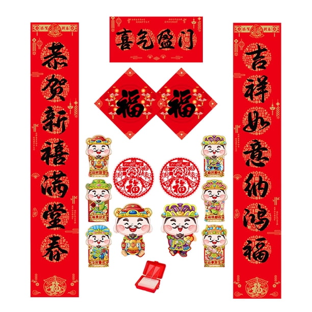 Kit de decoración para el Año Nuevo Chino del Caballo 2026, coplas, temática del Dios de la Riqueza Fu, pegatinas para ventanas y sobres rojos, caja de regalo.