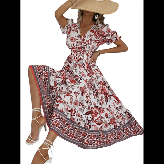 Vestido Informal, Fluido, con Estampado Floral Bohemio y Mangas Abullonadas para Mujer (Verano 2025) Rojo L