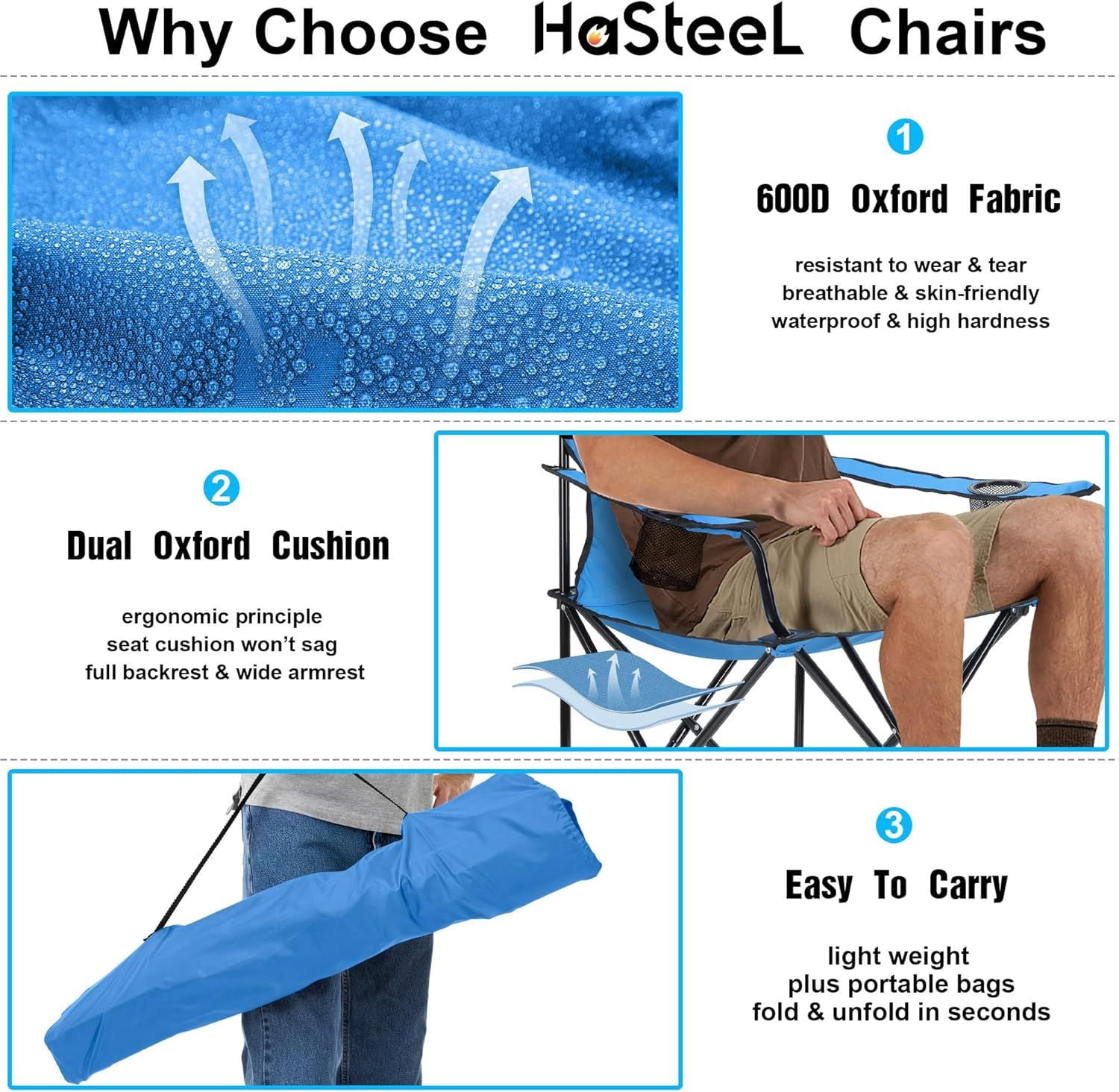 Foldable Camping Chair Set of 2, Folding Camp Chairs for Adults, Large Portable Lawn Chair for Outdoors Fishing, Hiking, Travel, Picnic, Beach, Supports 275lbs & Include Storage Bags