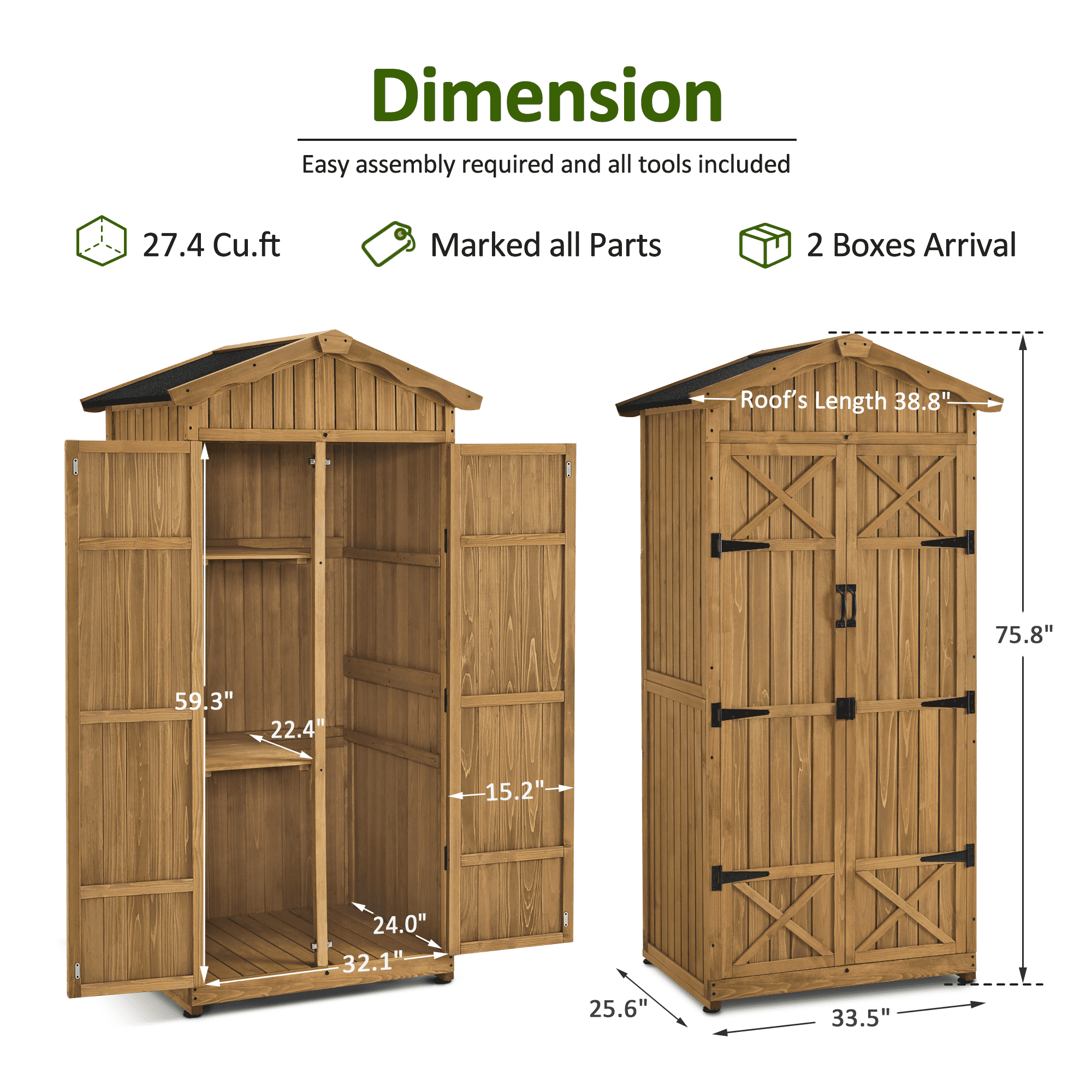 MCombo 75'' Outdoor Storage Cabinet, Lockable Wooden Storage Shed with Removable Shelves, Tall Tool Shed with Waterproof Asphalt Roof for Yard, Garden, Patio, Lawn 1165