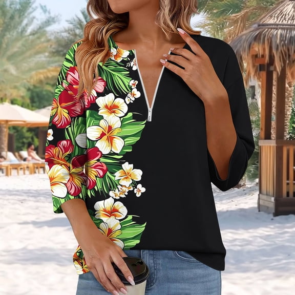 Yrmaups Casual 3/4 Sleeve Zip T Shirt for Women, Floral Loose Fit V Neck Top, Soft Breathable Tee for Beach Daily Summer Wear, Black S