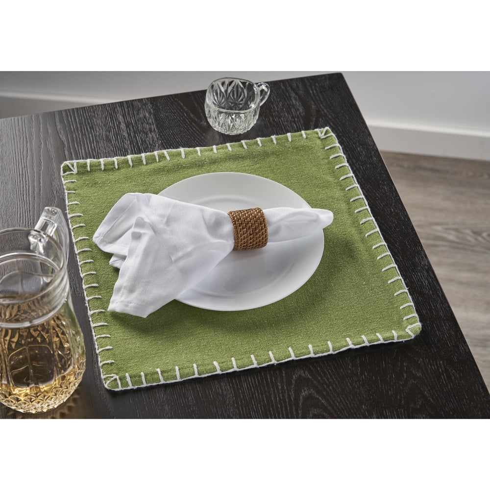 LR Home Olive Green Embroidered Edge Square Placemats ( Set of 4