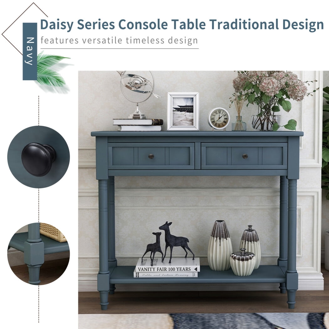 Console Table, Console Tables for Entryway, 35" Console Sofa Table Foyer Table with 2 Drawers & Open Shelves, Console Table with Storage, Narrow Entryway Table for Living Room, Hallway, Entrance, Blue