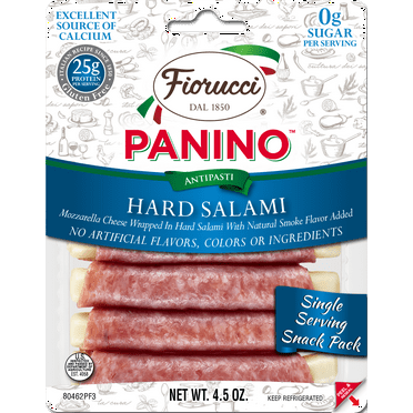 Fiorucci Hard Salami and Mozzarella Cheese Paninos, 4.5 Ounce, 6 Count Resealable Plastic Tray